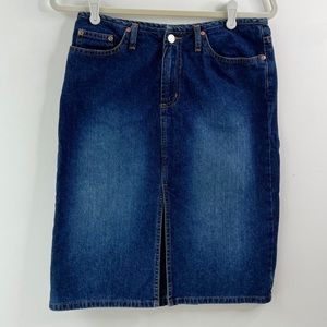 Vintage Y2K high waisted jeans skirt below knee  front slit dark denim Sz3